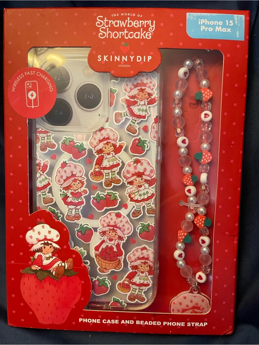 Strawberry Shortcake Clear iPhone 15 Pro Max Case with Beaded Phone Strap